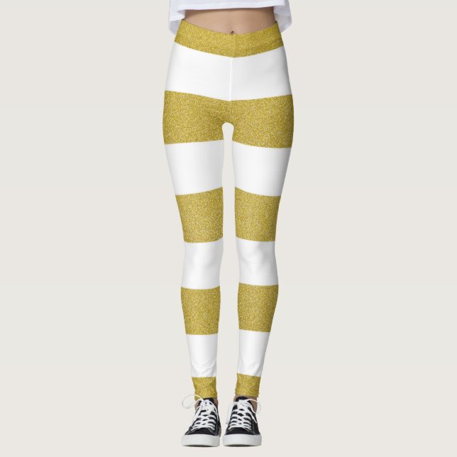 Guld Rand, Vita Rand,, Stripe Mönster Leggings (Framsida)