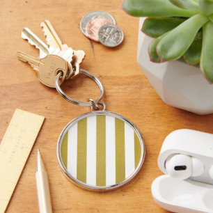 Guld Rand, Vita Rand,, Stripe Mönster Rund Silverfärgad Nyckelring