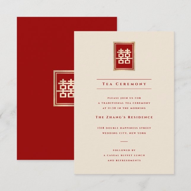 Guld Rectangle Dubbla Happity Chinese Bröllop Inbjudningar (Fram/baksida)