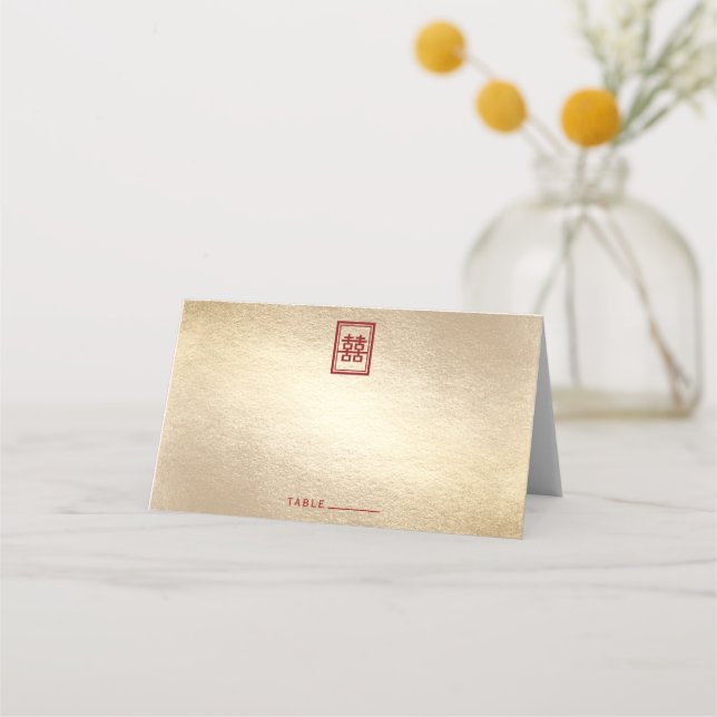 Guld Rectangle Dubbla Happity Chinese Bröllop Placeringskort (Framsida)