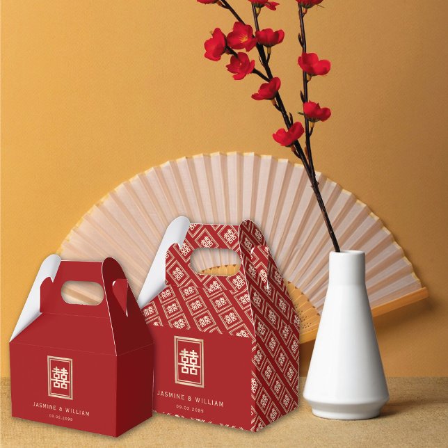 Guld Rectangle Dubbla Happity Chinese Bröllop Presentaskar (Red/Gold Classic Rectangle, Double Happiness Chinese Wedding Party Favor Boxes @ fatfatin_red_knot)