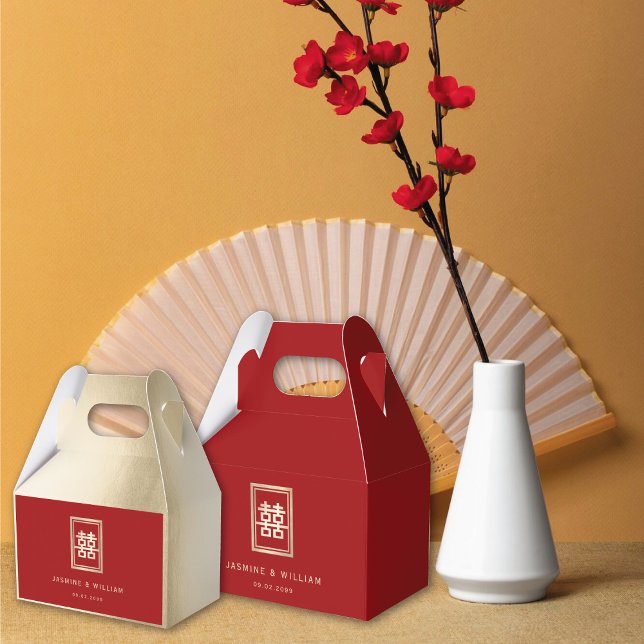 Guld Rectangle Dubbla Happity Chinese Bröllop Presentaskar (Gold/Red Classic Rectangle Double Happiness Chinese Wedding Party Favor Boxes @ fatfatin_red_knot)