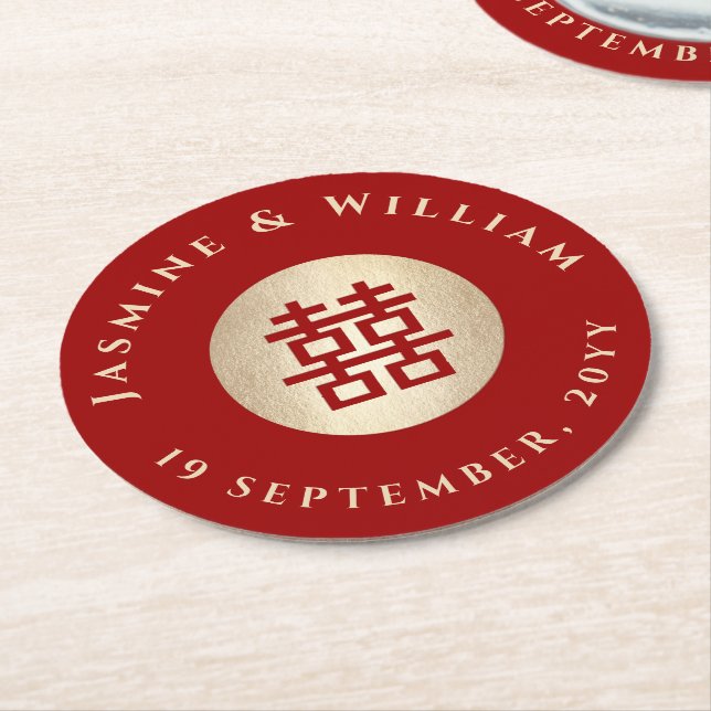 Guld Rectangle Dubbla Happity Chinese Bröllop Underlägg Papper Rund (Vinklad)