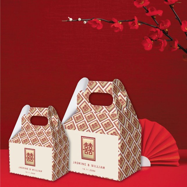 Guld Rectangle Dubbla: lycka kinesiska Bröllop Fa Presentaskar (Gold/Red Classic Rectangle 2 Double Happiness Chinese Wedding Party Favor Boxes @ fatfatin_red_knot)
