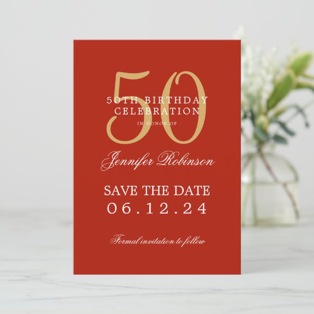 Guld Red 50 Birthday Spara datuminformation Inbjudningar (Stående Fram)