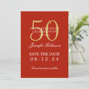 Guld Red 50 Birthday Spara datuminformation Inbjudningar