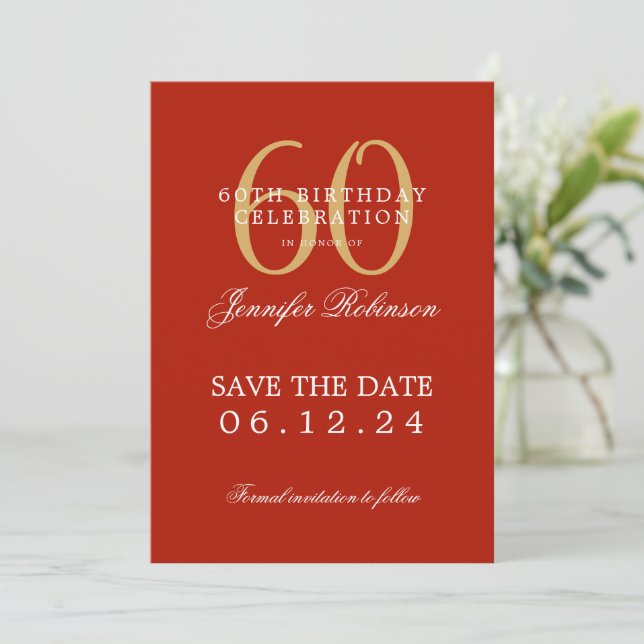 Guld Red 60 Birthday Spara datumet Inbjudningar (Stående Fram)