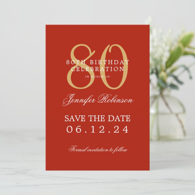 Guld Red 80 Birthday Spara datuminformation Inbjudningar (Stående Fram)