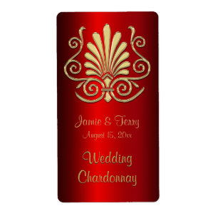 Guld Red Art Deco Damask Party Vin Etikett 2 Fraktsedel