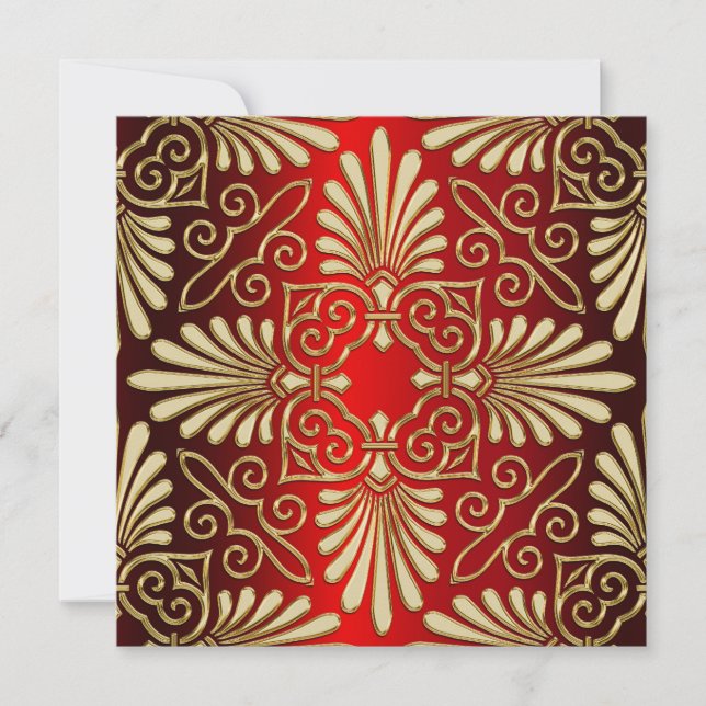 Guld Red Art Deco Damask Wedding Inbjudan (Framsida)