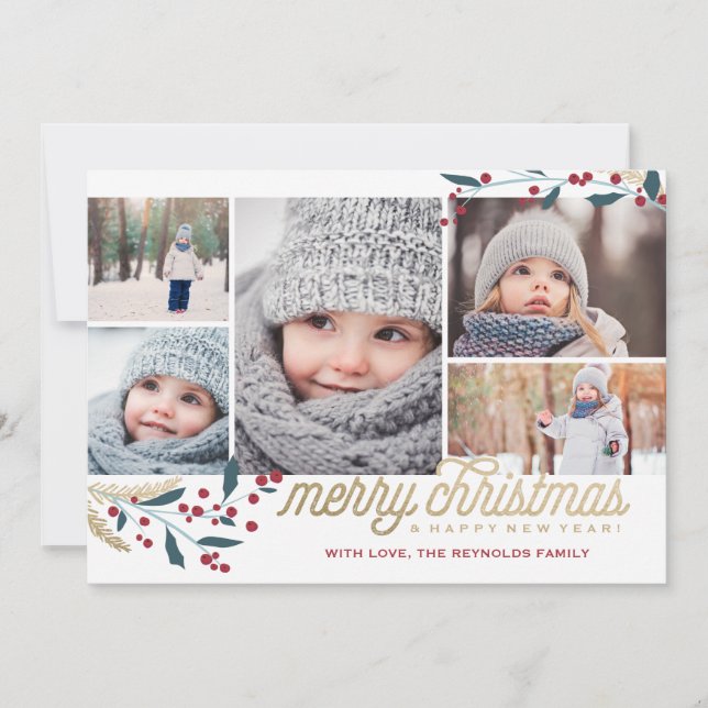 Guld Red Berries 5 Photo Collage | GOD JUL Julkort (Framsida)