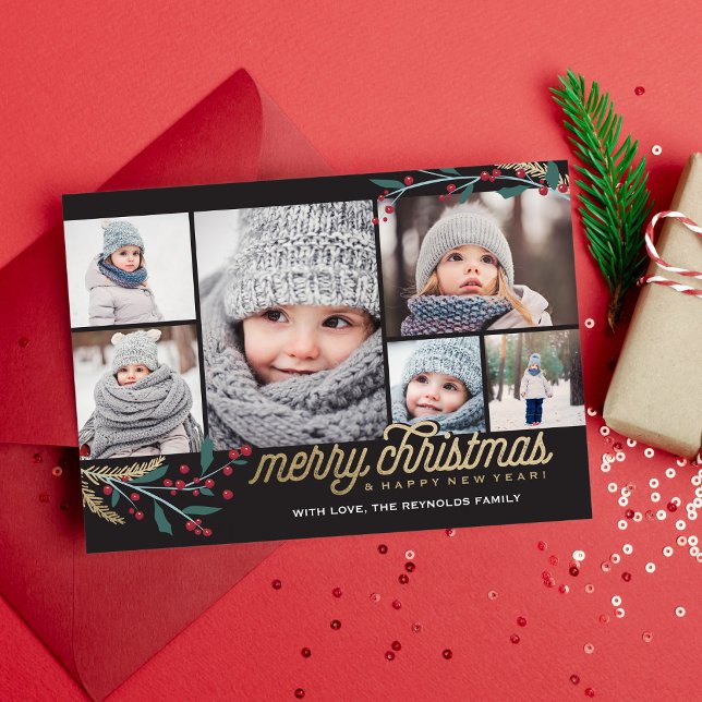 Guld Red Berries 6 Photo Collage | GOD JUL Julkort (Skapare uppladdad)