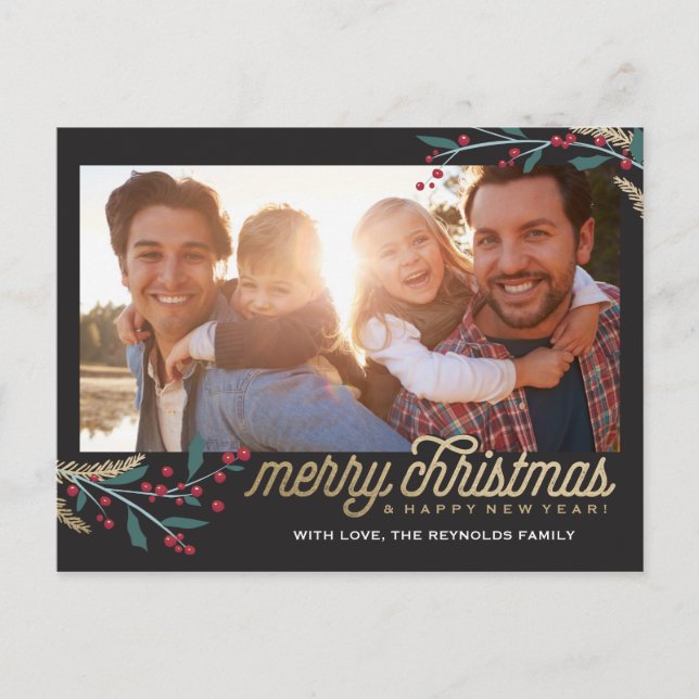 Guld Red Berries Photo Ram | GOD JUL Vykort (Framsida)