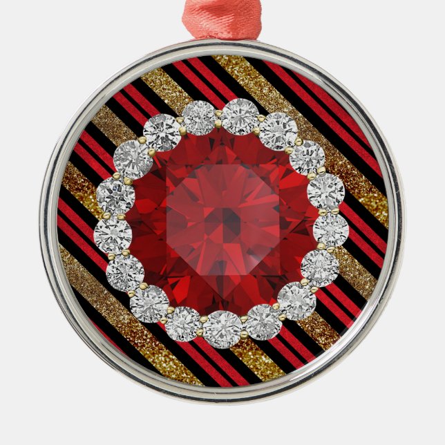 Guld Red & Black Faux Glitter Ruby & Diamonds Julgransprydnad Metall (Framsidan)
