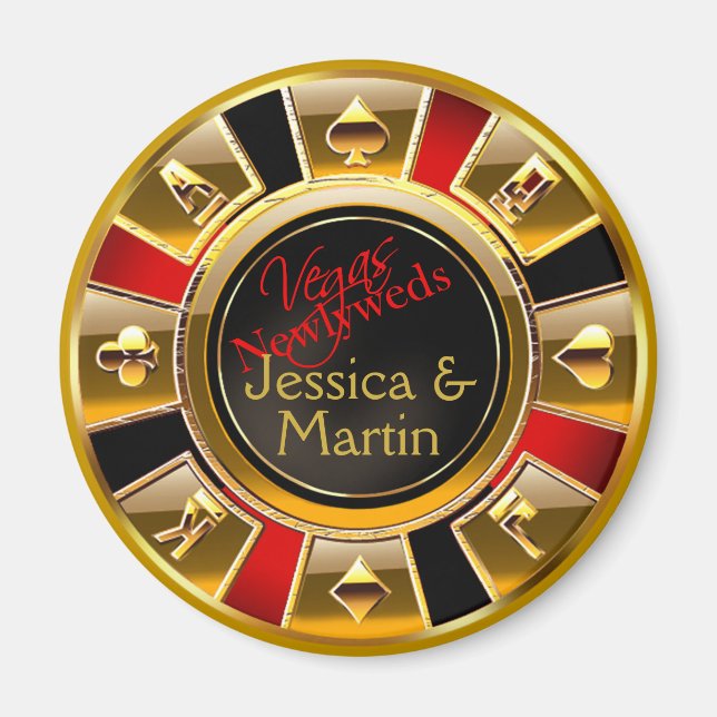 Guld, Red & Black Vegas Casino Chip Favor Magnet (Framsidan)