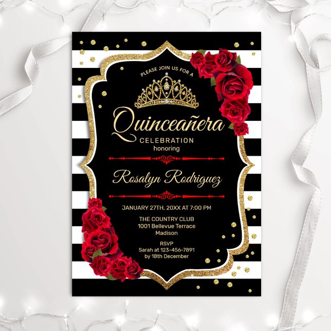 Guld Red Black White Rand Quinceanera Inbjudningar (Skapare uppladdad)