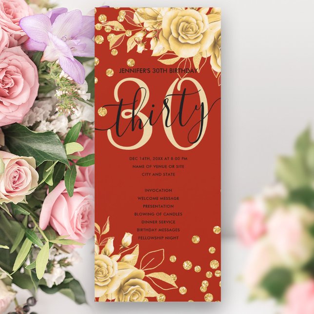 Guld Red Blommigt Glitter 30års födelsedag Inbjudningar (Gold Red Floral Glitter 30th Birthday Programs)