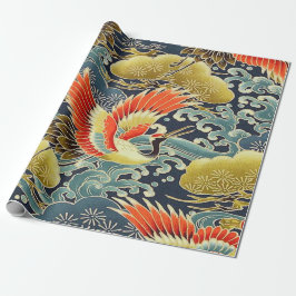 Guld Red Blue Japansk Kimono Blommigt Decoupage Presentpapper