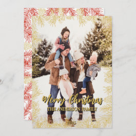 Guld Red Botanical Modern Family Photo-jul Julkort