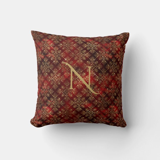 Guld Red Burgundy Monogram Damask Elegant Chic Kudde (Framsida)