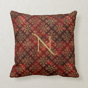 Guld Red Burgundy Monogram Damask Elegant Chic Kudde