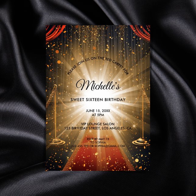 Guld Red Carpet Sweet sixteen Classy Birthday Inbjudningar (classy glitter red carpet party invitation)