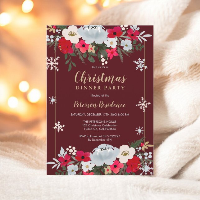 Guld Red Chic blommigt snowflake-jul Inbjudningar (Gold Red Chic floral snowflake Christmas Invitation)