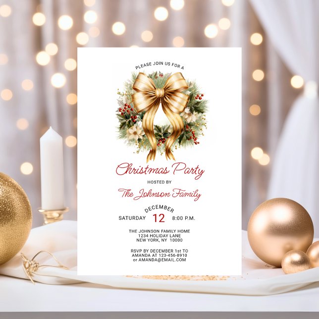 Guld & Red CHRISTMAS PARTY Wandesak Company Inbjudningar (Festive CHRISTMAS PARTY Red Gold Wreath Company Invitation)