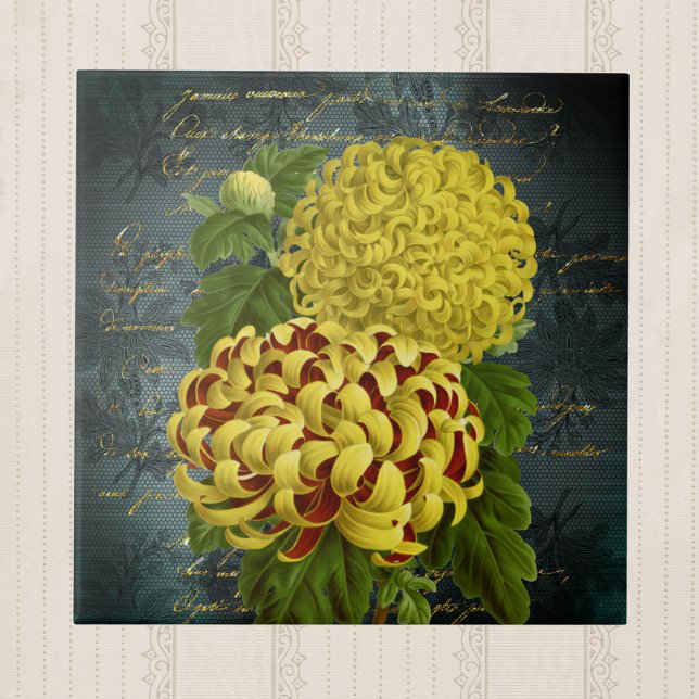 Guld Red Chrysanthemums on Teal Damask n Write Kakelplatta (Skapare uppladdad)