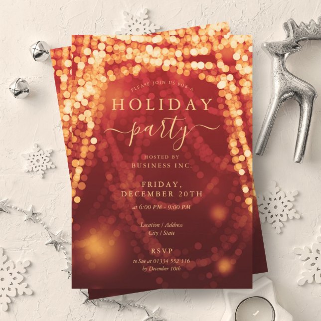 Guld Red Company Julfest String Ljus Inbjudningar (Gold Red Company Holiday Party String Lights Invitation)