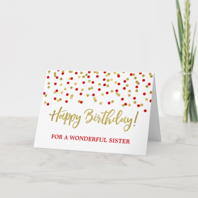 Guld Red Confetti sister Birthday Card Kort (Framsida)