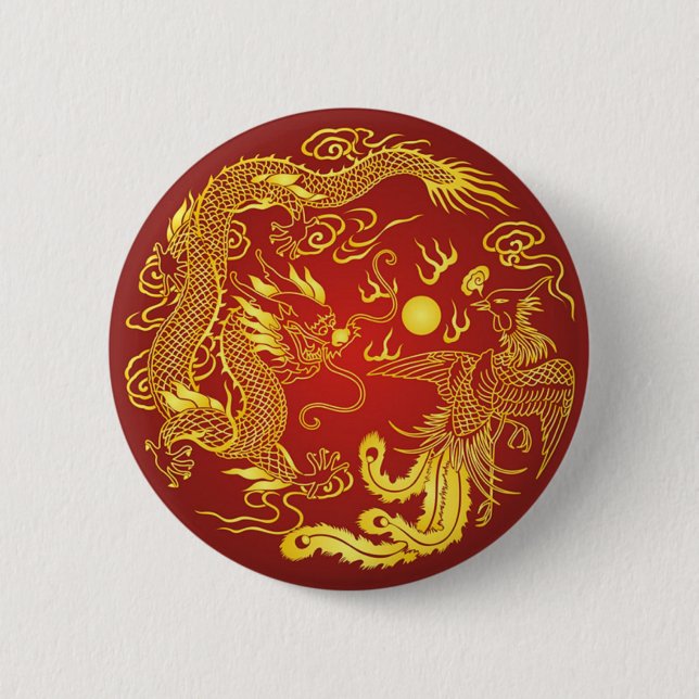 Guld Red Dragon Phoenix Chinese Wedding Favor Knapp (Framsida)