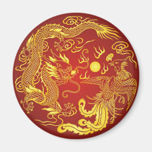 Guld Red Dragon Phoenix Chinese Wedding Favor Magnet