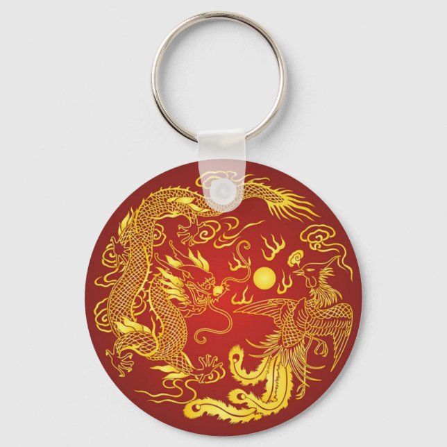 Guld Red Dragon Phoenix Chinese Wedding Favor Nyckelring (Framsida)