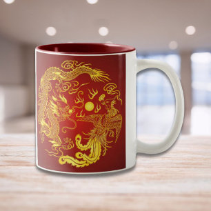 Guld Red Dragon Phoenix Chinese Wedding Favor Två-Tonad Mugg