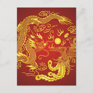Guld Red Dragon Phoenix Chinese Wedding Favor Vykort
