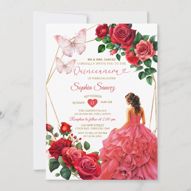 Guld & Red Dress Blommigt Princess Quinceañera Inbjudningar (Framsida)