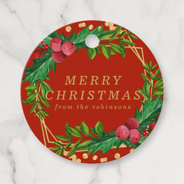 Guld Red Family God jul Holly Glitter Gåvor Etiketter (Framsida)