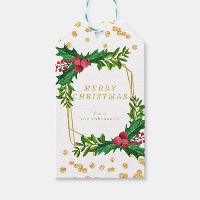 Guld Red Family God jul Holly Glitter Presentetikett (Framsidan)