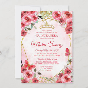 Guld Red Flowers Mexican Girl Charra Mis Quince Inbjudningar