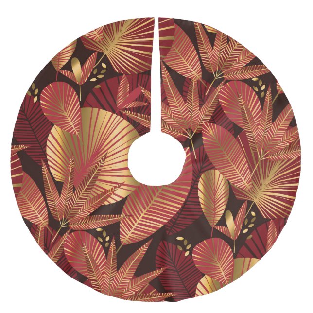 Guld Red, Geometric Tropical Mönster. Julgransmatta Borstad Polyester (Framsidan)