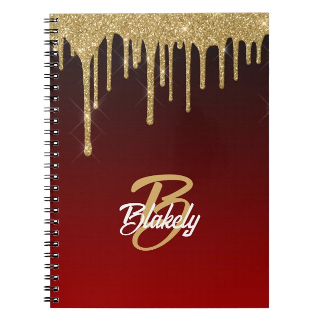 Guld Red Glitter Drip Monogram Gnistra Cute Girly Anteckningsbok (Framsidan)