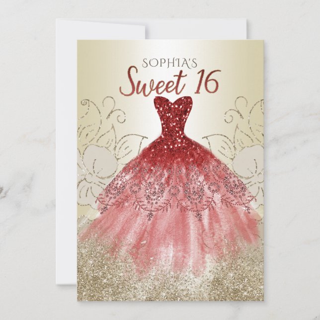 Guld Red Glitter Gnistra Dress Sweet 16 födelsedag Inbjudningar (Framsida)