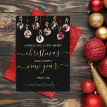Guld Red Glitter Hanging Ornaments Foto jul Julkort<br><div class="desc">Det här söta och unika fotojulkortet är perfekt att anpassa inbjudan med speciell beröring. Den har åtta anpassaden med fotografiska dekorationer med faux-utskrivna glatt guld och röd glitter-konturer, strängar och bågar ovanpå en enkel svart bakgrund. Kortets baksida visar en glatt röd glitter-sekvin mönster. Det är en elegant, glamorös, chic och...</div>