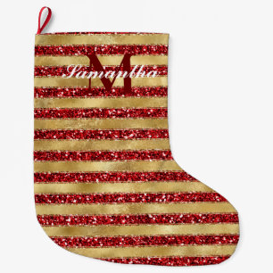 Guld Red Glitter Rand Monogram Stor Julstrumpa
