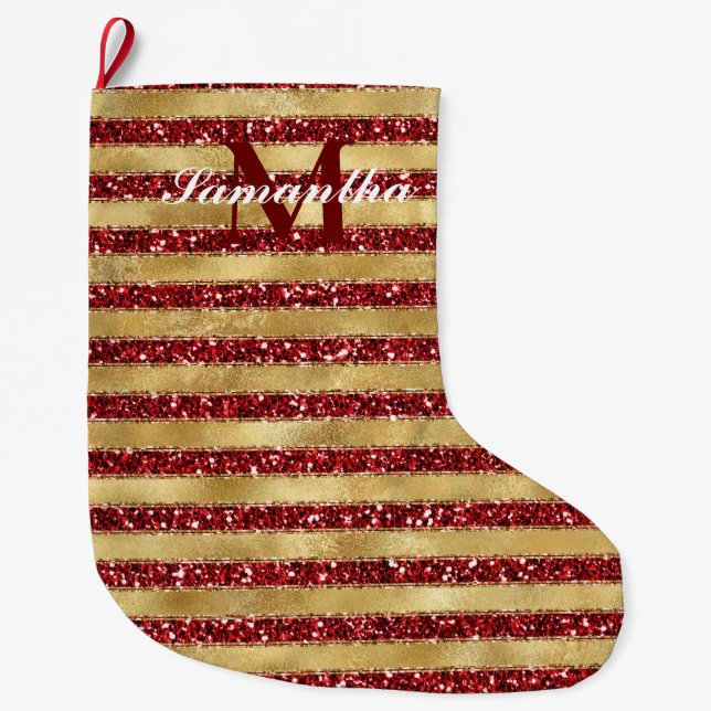 Guld Red Glitter Rand Monogram Stor Julstrumpa (Framsidan)