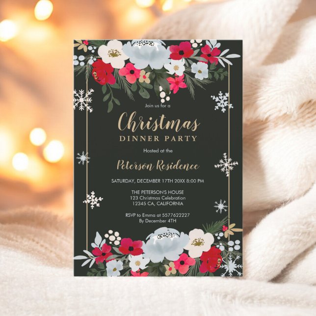 Guld Red Grönt blommigt snowflake-jul Inbjudningar (Gold Red Green floral snowflake Christmas Invitation)