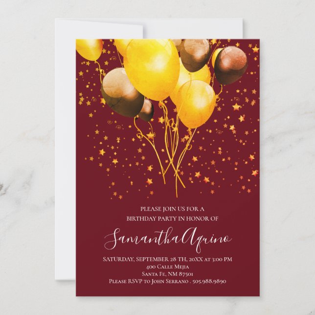 Guld & Red Guld Balloons Star Confetti Birthday Inbjudningar (Framsida)