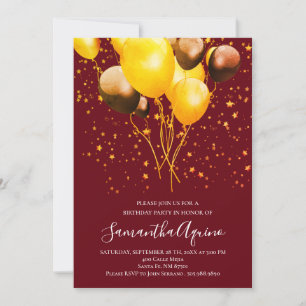 Guld & Red Guld Balloons Star Confetti Birthday Inbjudningar
