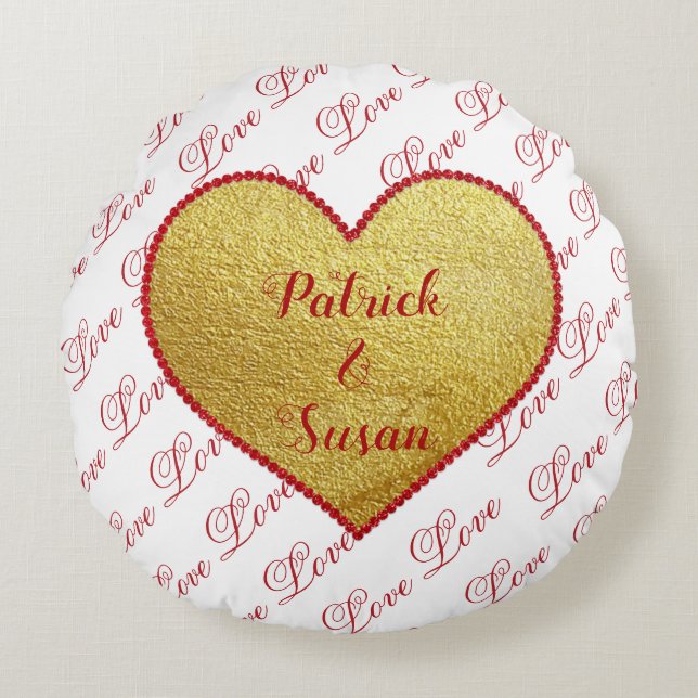 Guld Red Heart Cute Elegant Modern Valentines day Rund Kudde (Framsidan)